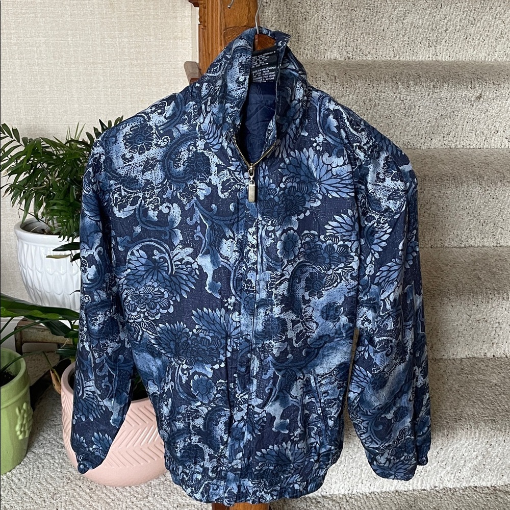 EVR Vintage 100% Silk Blue Floral Bohemian Bomber Wind Breaker Jacket